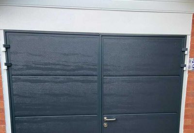 Side-hinged garage door with pedestrian access