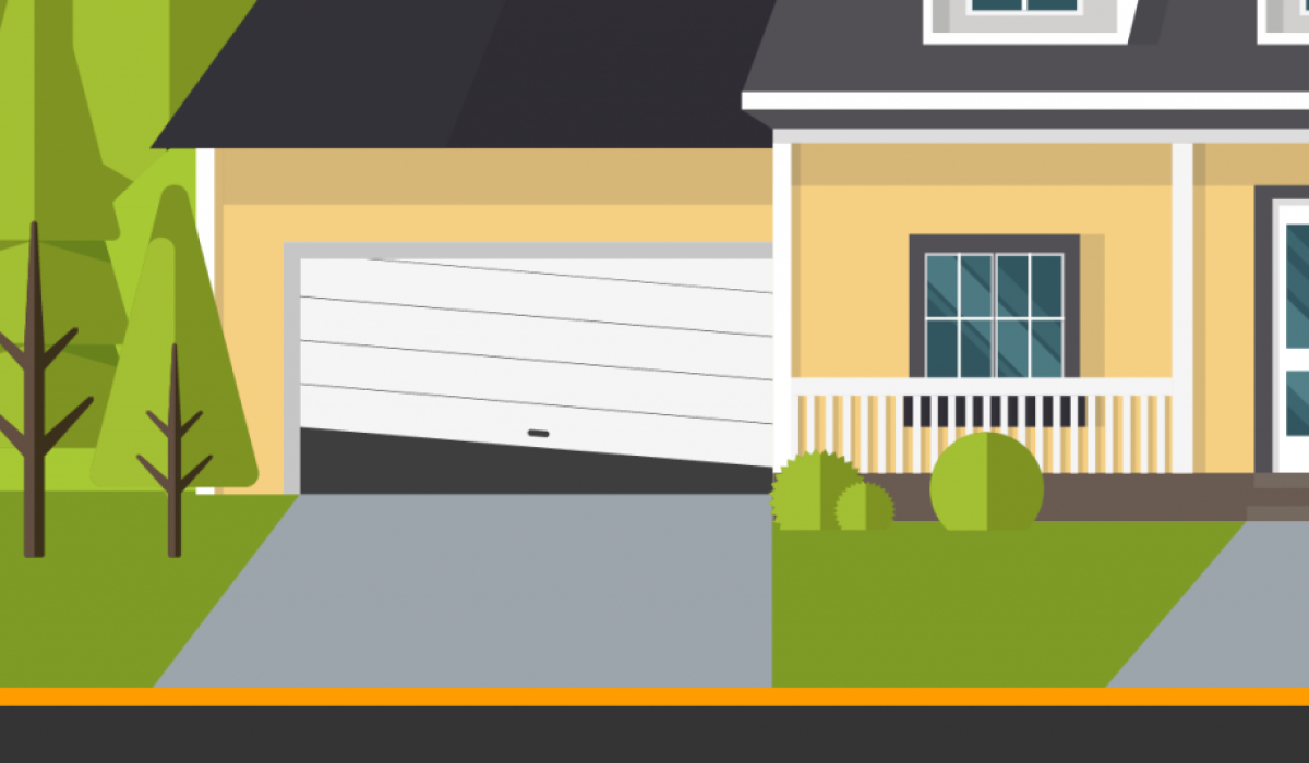Graphic of a broken & wonky garage door