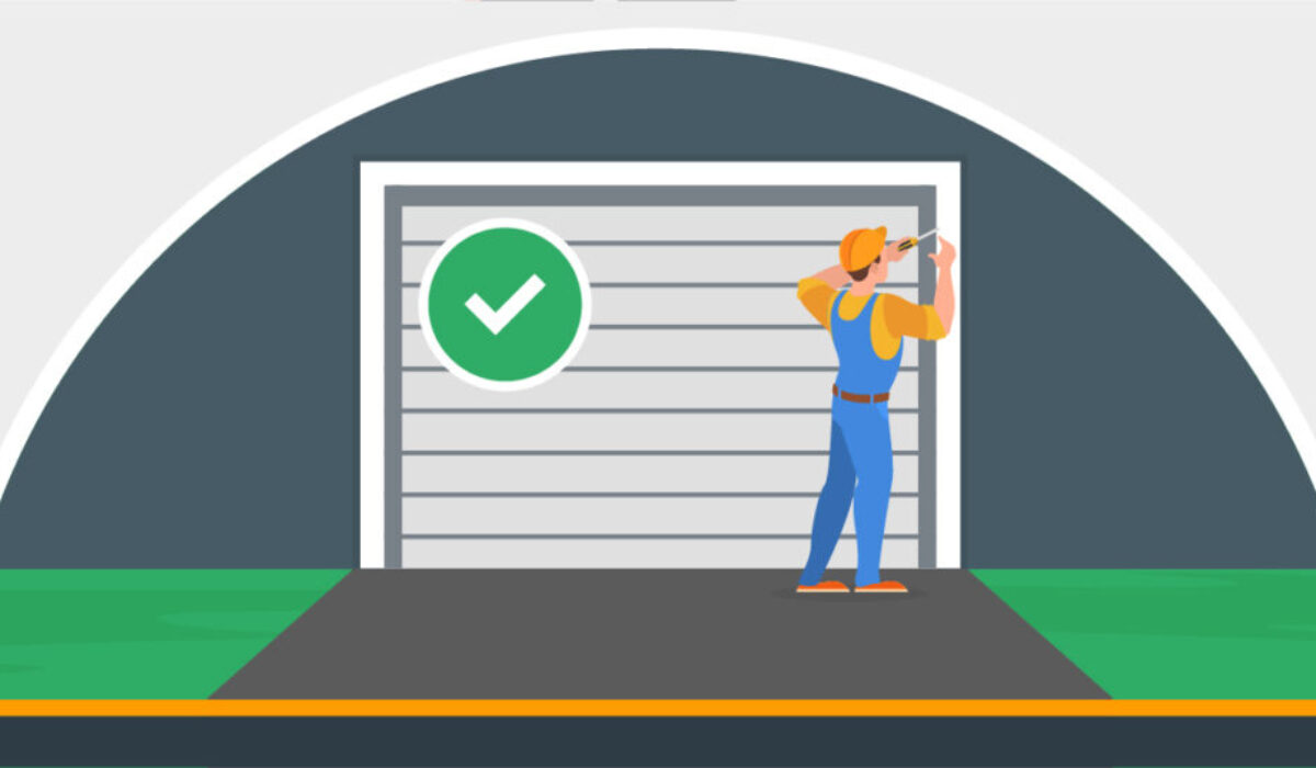 Graphic showing Doormatic engineer installing a garage door