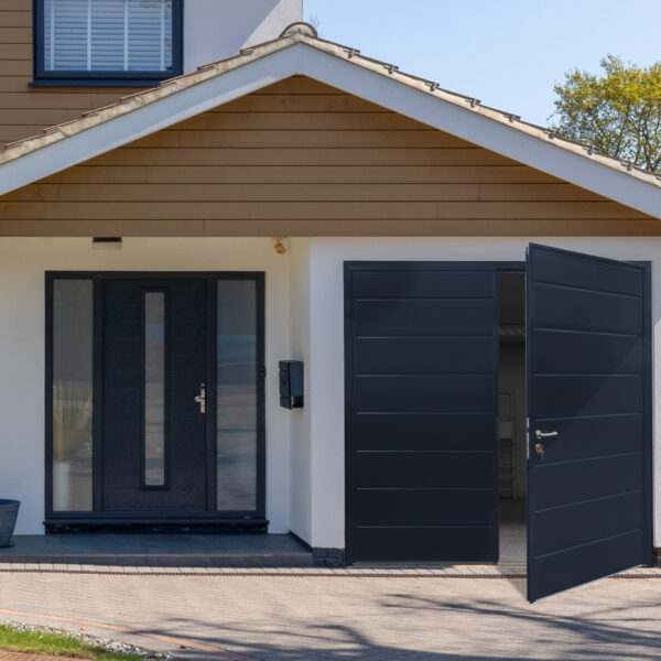 Side Hinged Ribbed Horizontal garage door with Anthracite grey