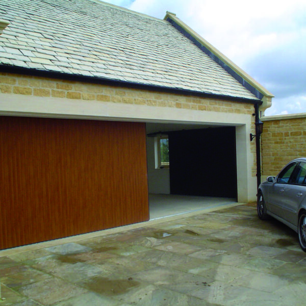 Wood Grain Vertico Sliding Garage Doors - Doormatic